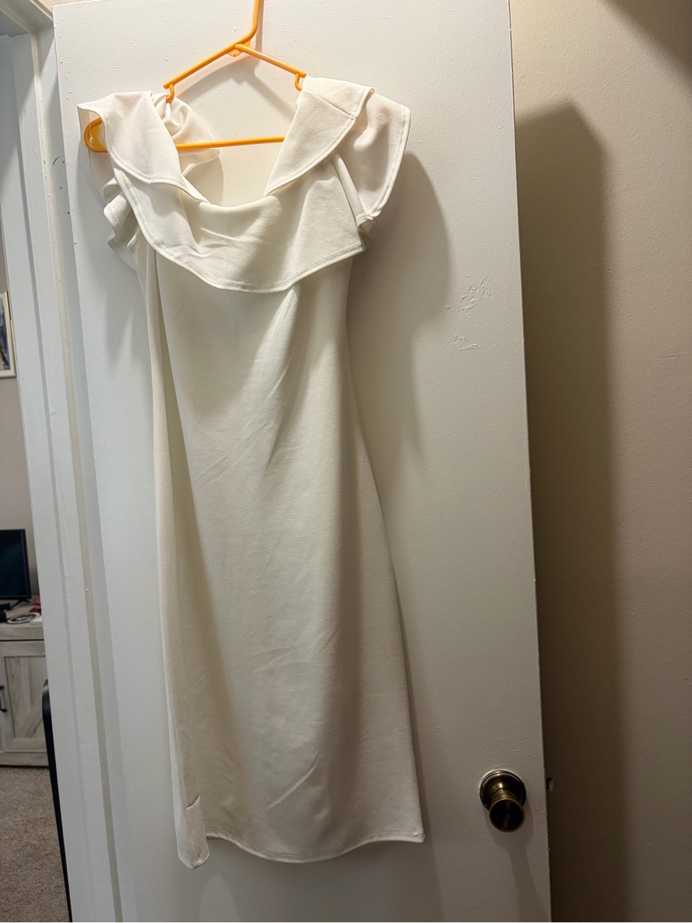 Francesca's Collections Cream Off-Shoulder Ruffle Midi Dress